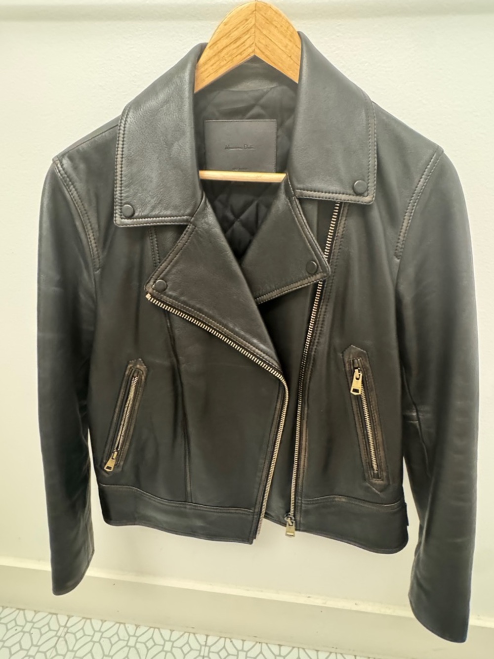 Massimo Dutti Black Leather Biker Jacket - Picture 1 of 5